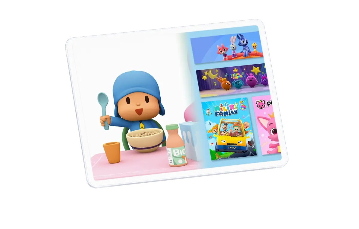 Download Cartoons for Kids – Watch, Play & Learn Free on tinyBee Pocoyo on tinyBee hero banner encouraging parents to download cartoons for kids to watch offline